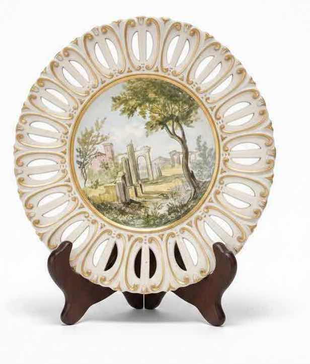 Photo 1 of 13” ROUND VINTAGE HAND-PAINTED ITALIAN RETICULATED EDGE CERAMIC DISPLAY PLATE- SIGNED BY UGO ZACCAGNINI