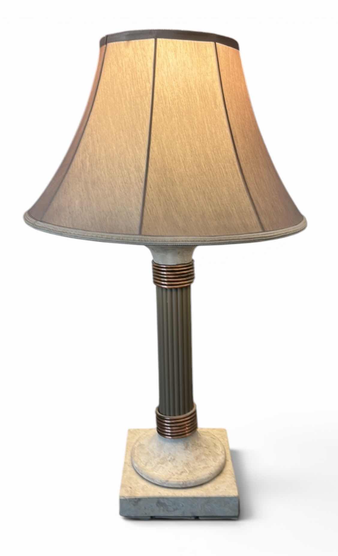 Photo 1 of HEAVY TABLE LAMP WITH STONE BASE, COPPER ACCENTS AND TAN SHADE H36”