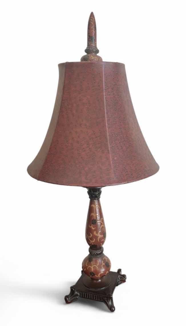 Photo 1 of DECORATIVE TABLE LAMP WITH RED TEXTURED SHADE AND ORNATE BASE H28”