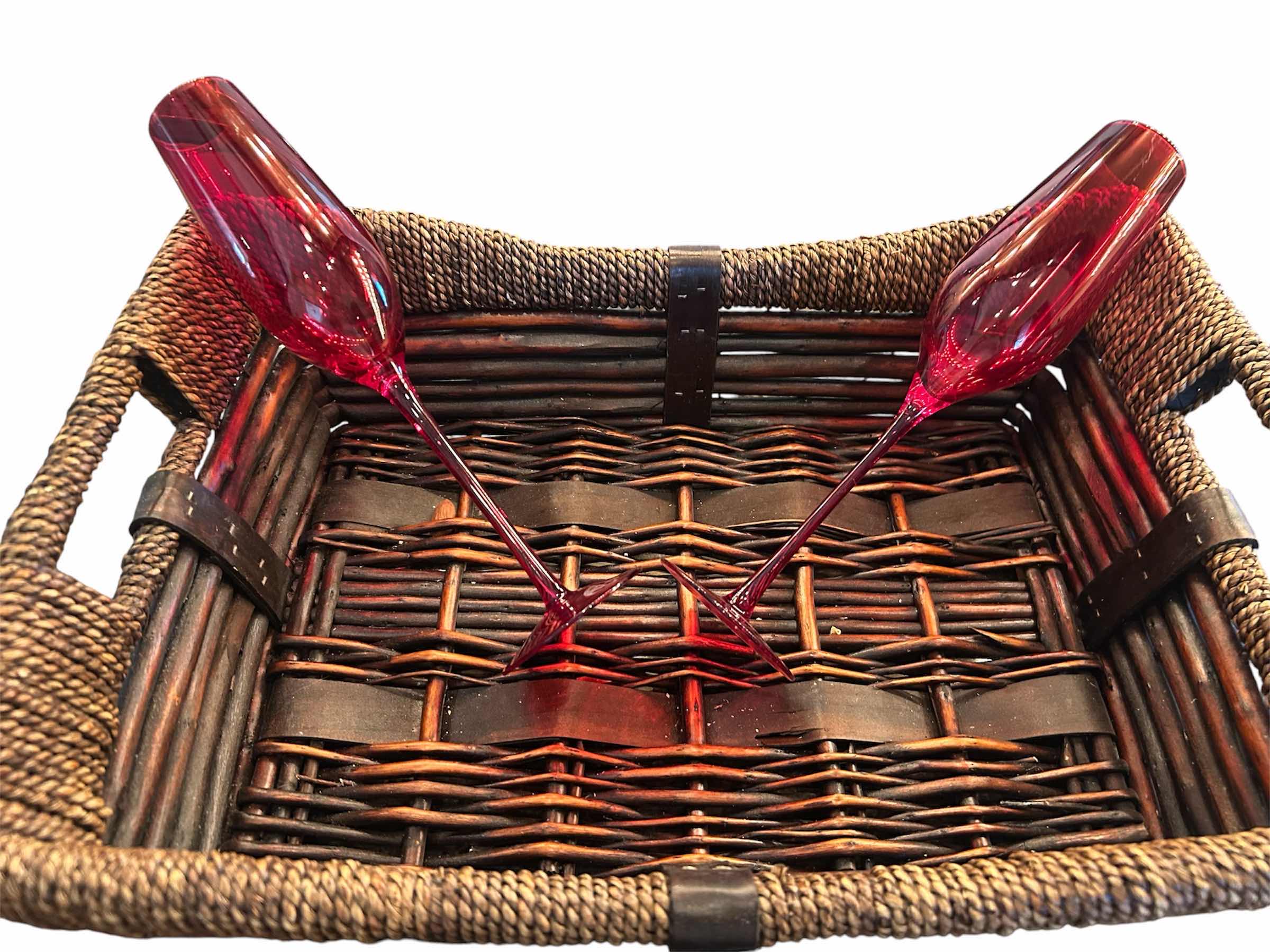 Photo 1 of WOVEN BASKET W 2 RED FLUTE GLASSES