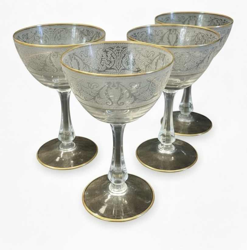 Photo 1 of 4-GLASTONBURY LOTUS COCKTAIL GLASSES W BROCADE GOLD PATTERN. 22K GOLD TIPPED