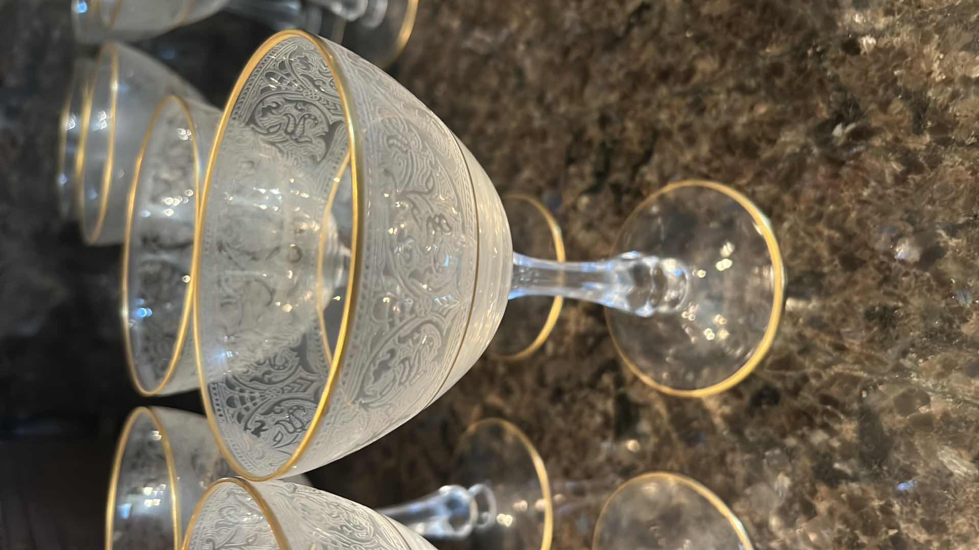 Photo 1 of 4-GLASTONBURY LOTUS COCKTAIL GLASSES W BROCADE GOLD PATTERN. 22K GOLD TIPPED