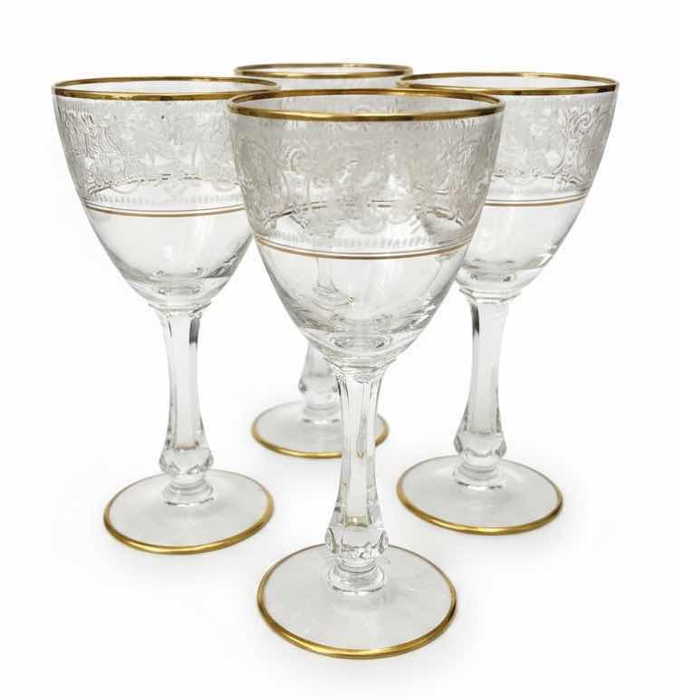 Photo 1 of 4-GLASTONBURY LOTUS WINE GLASSES W BROCADE GOLD PATTERN. 22K GOLD TIPPED