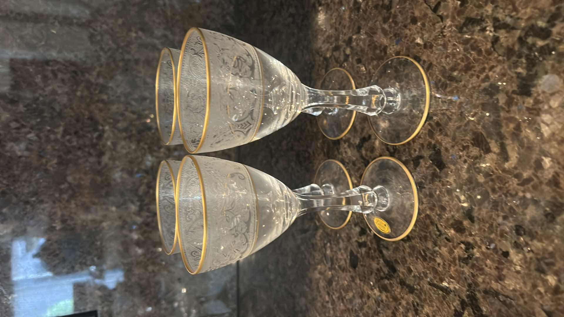 Photo 1 of 4-GLASTONBURY LOTUS WINE GLASS-BROCADE GOLD PATTERN