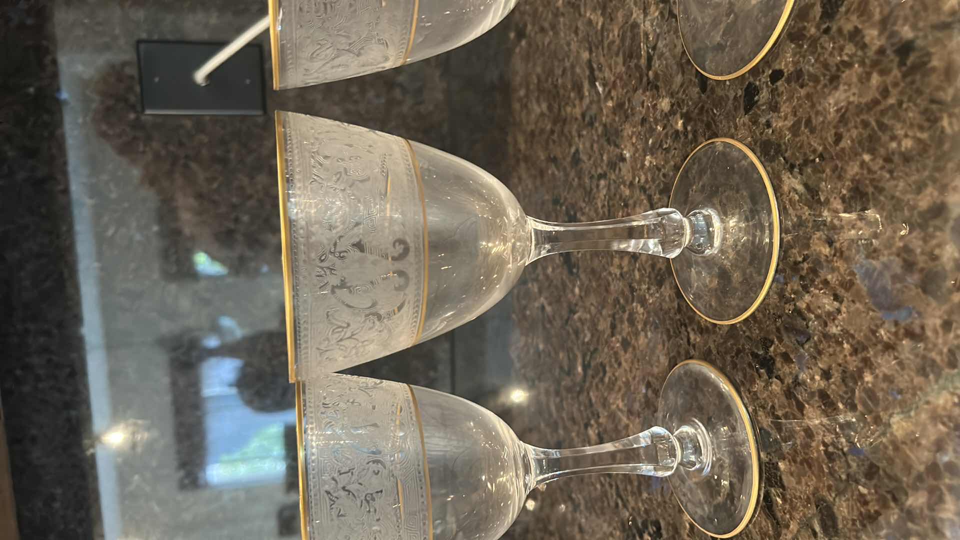 Photo 1 of 5- GLASTONBURY LOTUS WATER GLASSES W BROCADE GOLD PATTERN. 22K GOLD TIPPED