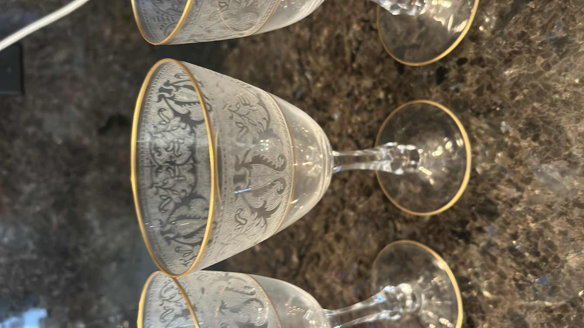 Photo 1 of 5- GLASTONBURY LOTUS WATER GLASSES W BROCADE GOLD PATTERN. 22K GOLD TIPPED