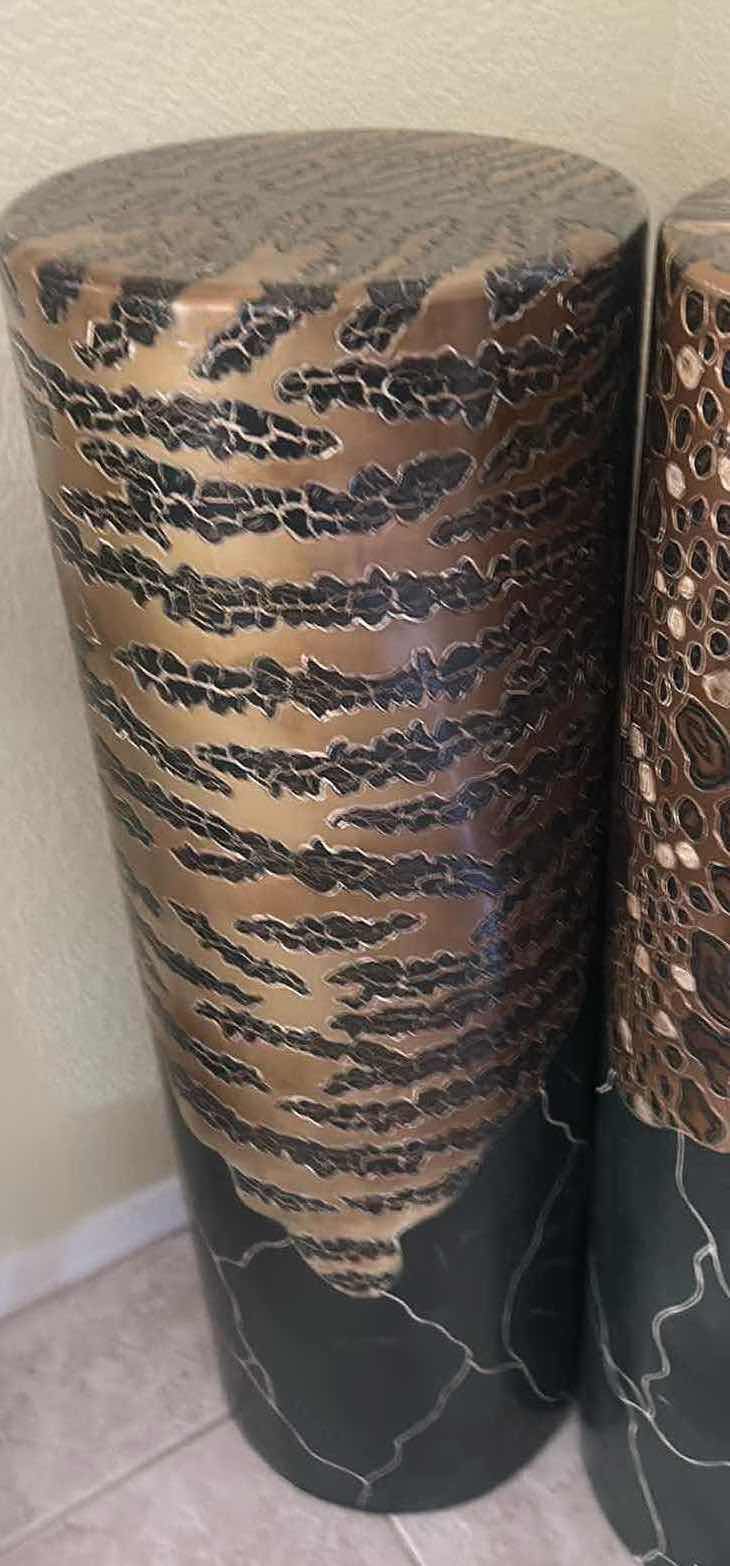 Photo 1 of 2- TALL RESIN CYLINDRICAL STANDS MID CENTURY MODERN W BOLD METALLIC ANIMAL PRINT H 36"