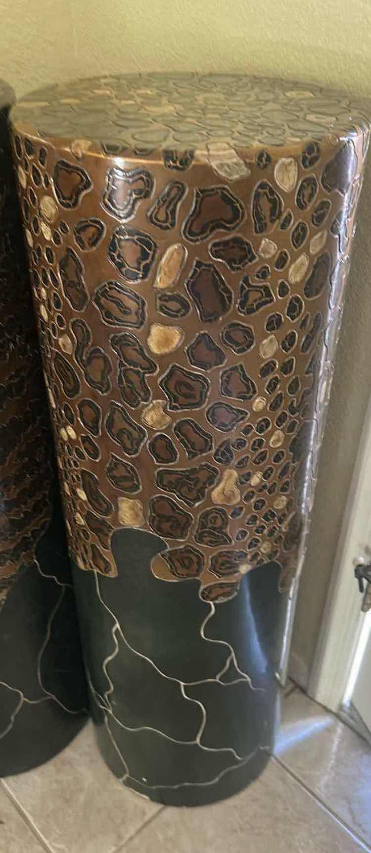 Photo 1 of 2- TALL RESIN CYLINDRICAL STANDS MID CENTURY MODERN W BOLD METALLIC ANIMAL PRINT H 36"