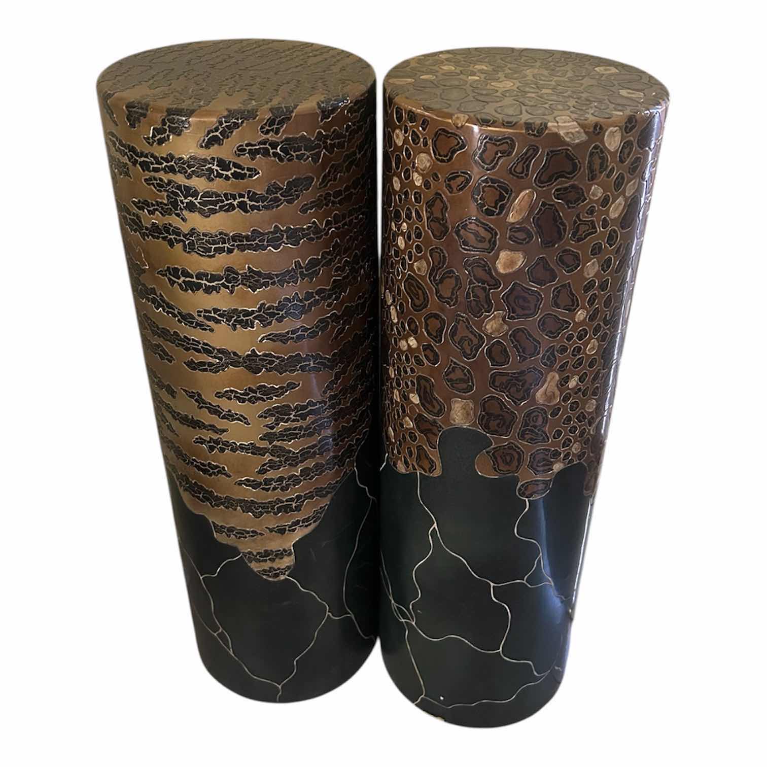 Photo 1 of 2- TALL RESIN CYLINDRICAL STANDS MID CENTURY MODERN W BOLD METALLIC ANIMAL PRINT H 36"