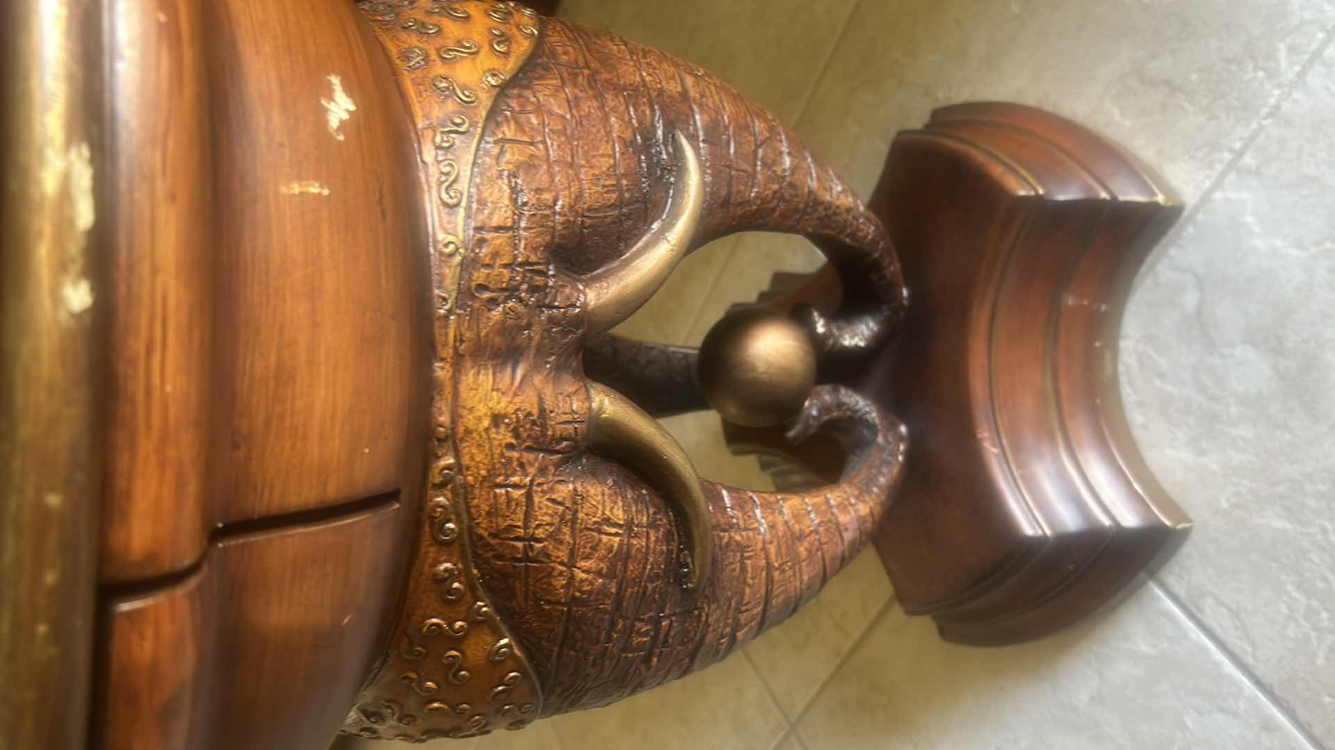 Photo 1 of EXOTIC ELEPHANT SIDE TABLE W ROUND TOP GOLD TRIM BASE DETAILED ELEPHANT TUSKS H 24"