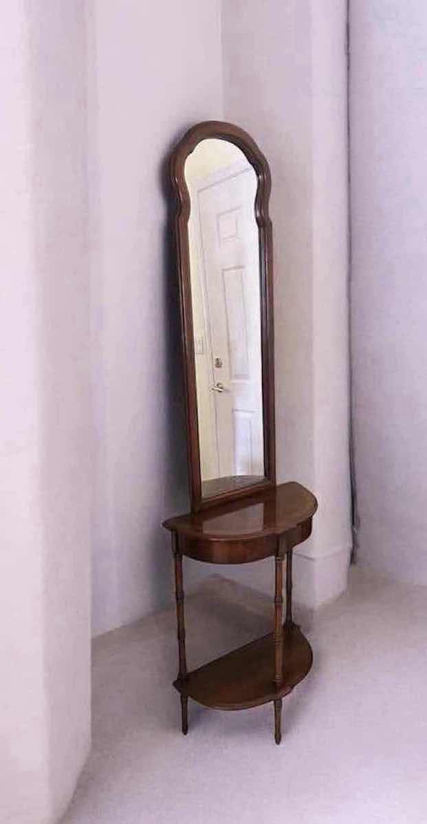 Photo 1 of VINTAGE BUTLER SPECIALTY CO DEMILUNE CONSOLE TABLE W ATTACHED MIRROR & FAUX BAMBOO STYLE LEGS 18" X 70" RETAIL $585
