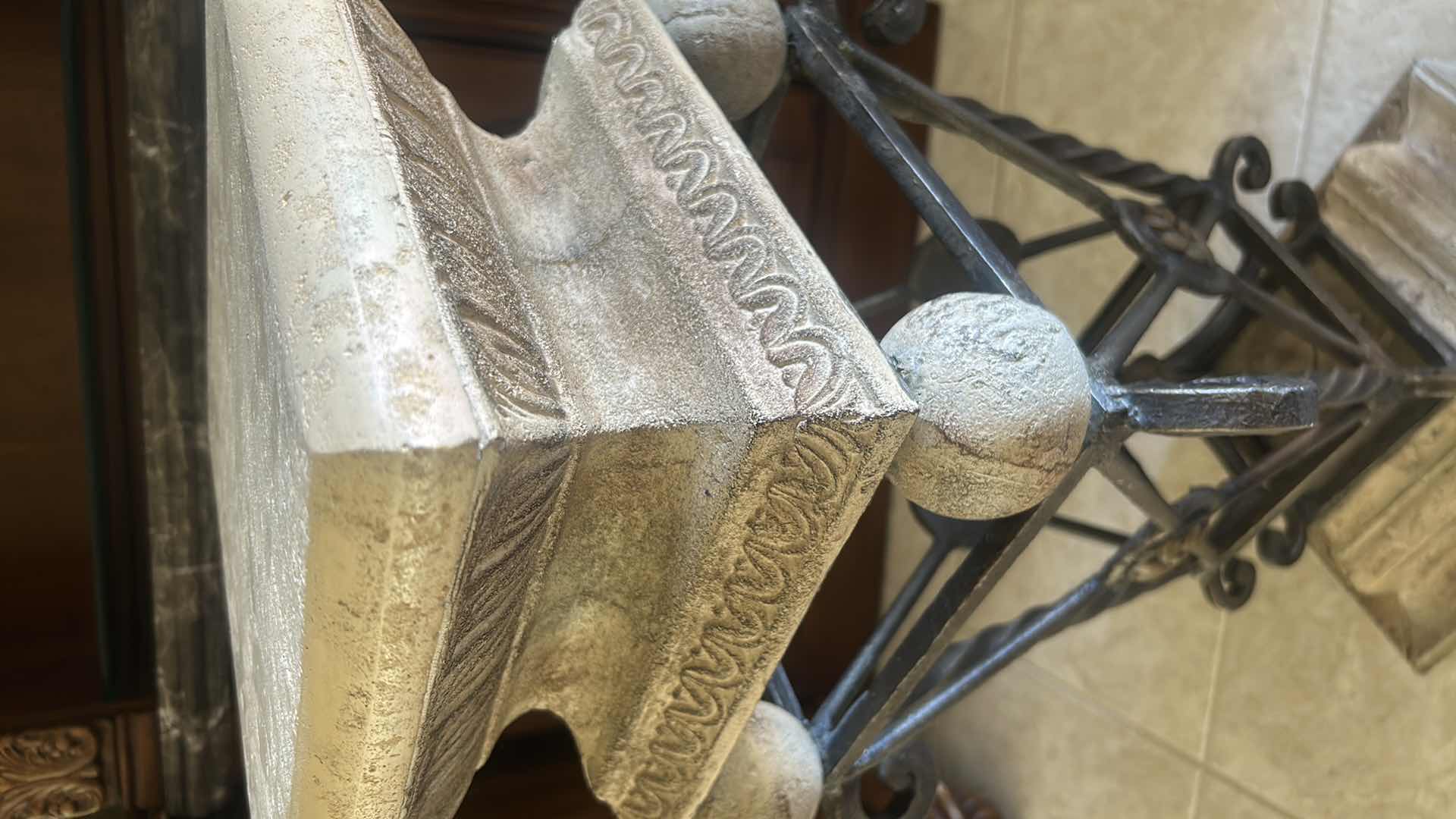 Photo 1 of VINTAGE NEO CLASSICAL STYLE STAND W STONE FINISH COMPOSITION TOP BASE W ORNATE METAL PEDESTAL H 30"