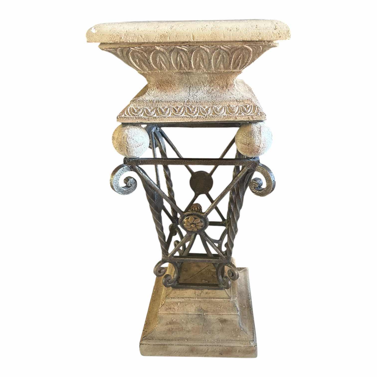 Photo 1 of VINTAGE NEO CLASSICAL STYLE STAND W STONE FINISH COMPOSITION TOP BASE W ORNATE METAL PEDESTAL H 30"