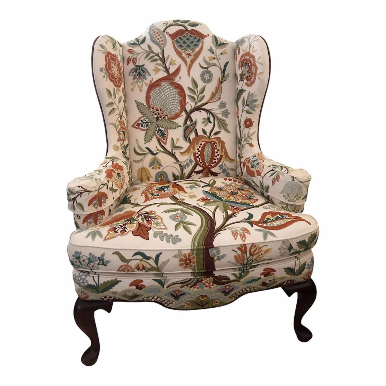Photo 1 of WOODMARK ORIGINALS "TREE OF LIFE" WINGBACK CHAIR W CREWELWORK UPHOLSTERY