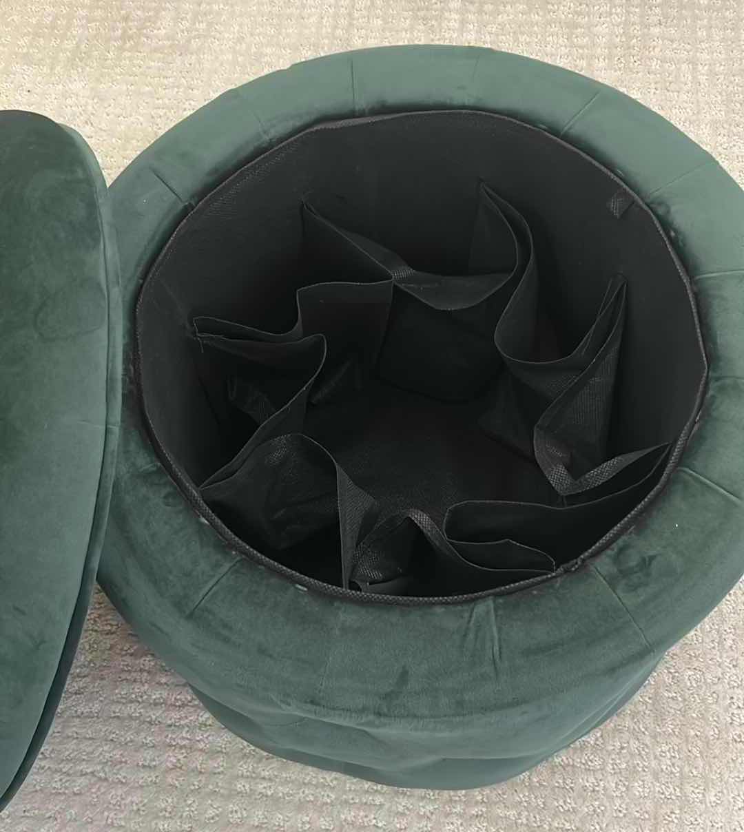 Photo 1 of HOMEBEEZ ROUND GREEN VELVET STORAGE OTTOMAN W HIDDEN COMPARTMENT 16" X 12"