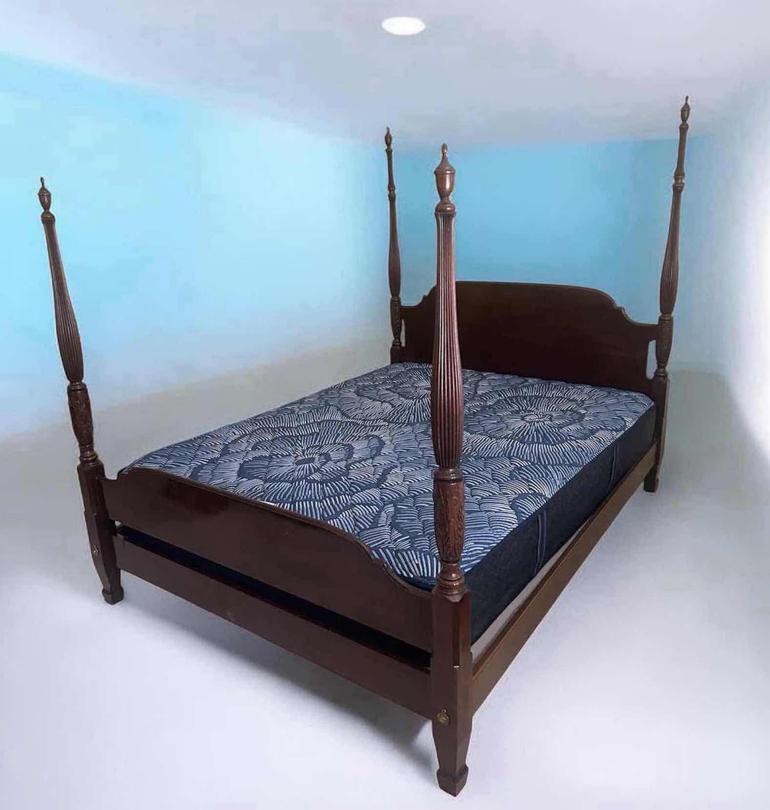 Photo 1 of ETHAN ALLEN DARK CHERRY MAHOGANY FOUR POSTED BED W TALL RICED CARVED POSTS QUEEN MATTRESS INCLUDED