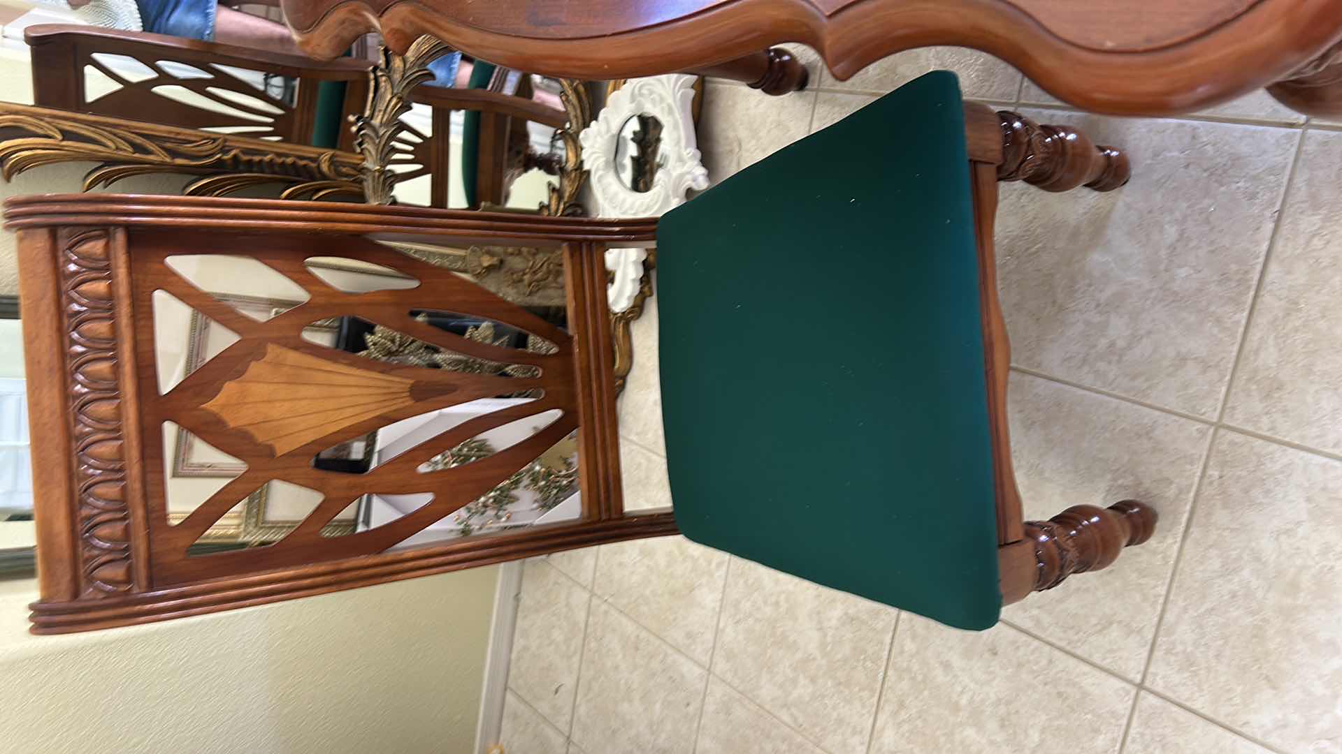 Photo 1 of MAHOGANY DINING TABLE W 6 CHIPPENDALE STYLE GREEN FABRIC CUSHION CHAIRS (63”x42” H 31”)