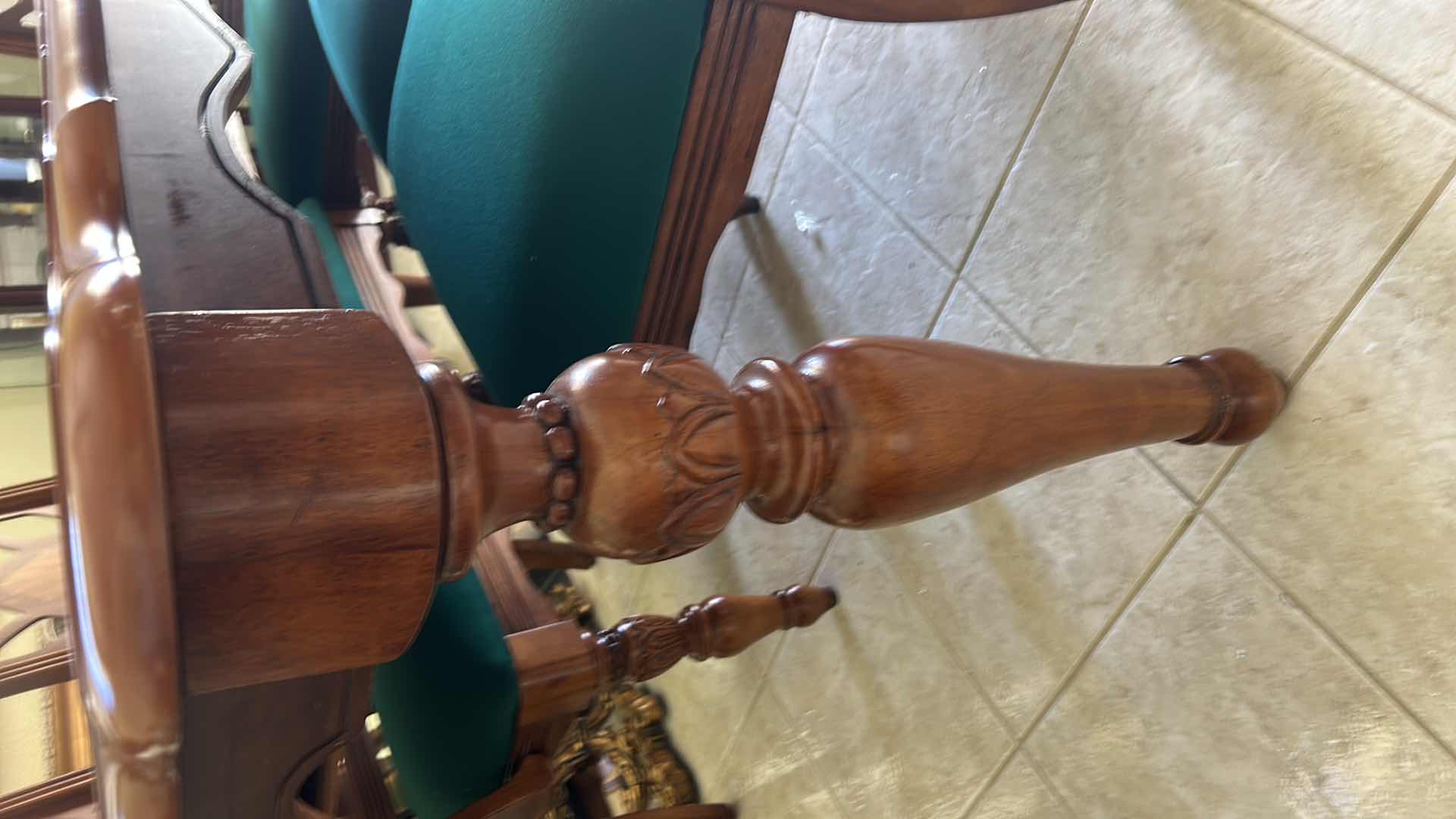 Photo 1 of MAHOGANY DINING TABLE W 6 CHIPPENDALE STYLE GREEN FABRIC CUSHION CHAIRS (63”x42” H 31”)