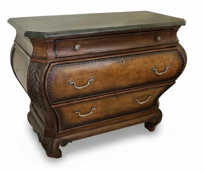 Photo 1 of THIS VINTAGE-STYLE BOMBAY CHEST FEATURES A DISTINCTIVE CURVED SILHOUETTE AND A DARK MARBLE TOP. 44“ x 22“ x H33 1/2“. $1500