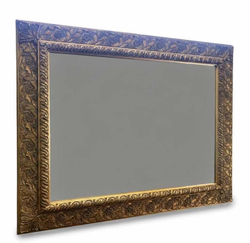 Photo 1 of VINTAGE-STYLE RECTANGULAR BEVELED MIRROR FEATURING A LARGE WOOD GOLD GILT FRAME WITH ORNATE FLORAL AND VINE CARVINGS. 49 1/2“ x 41“.