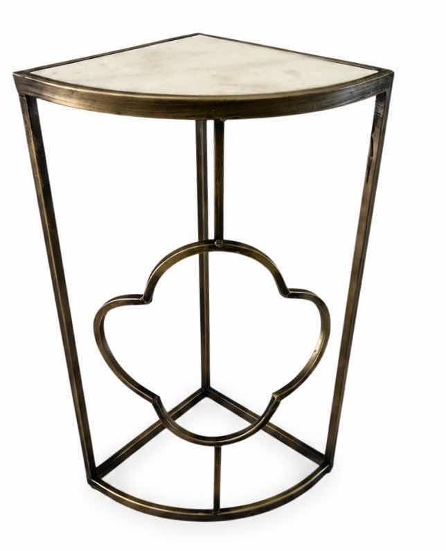 Photo 1 of REGINA ANDREW DETROIT CLOVER TABLE FEATURING A CREAMY WHITE MARBLE TOP AND NATURAL BRASS FINISH. 15” x 11” x H24”.