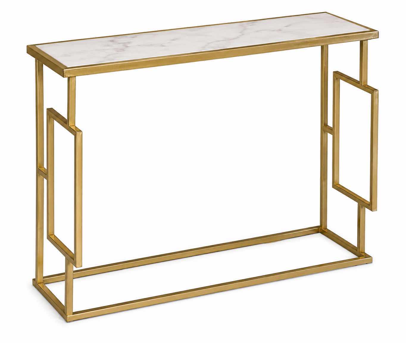 Photo 1 of GOLD METAL CONSOLE TABLE FEATURING A WHITE MARBLE TOP AND AN OPEN GEOMETRIC FRAME 27 1/2“ x 11“ x 28“