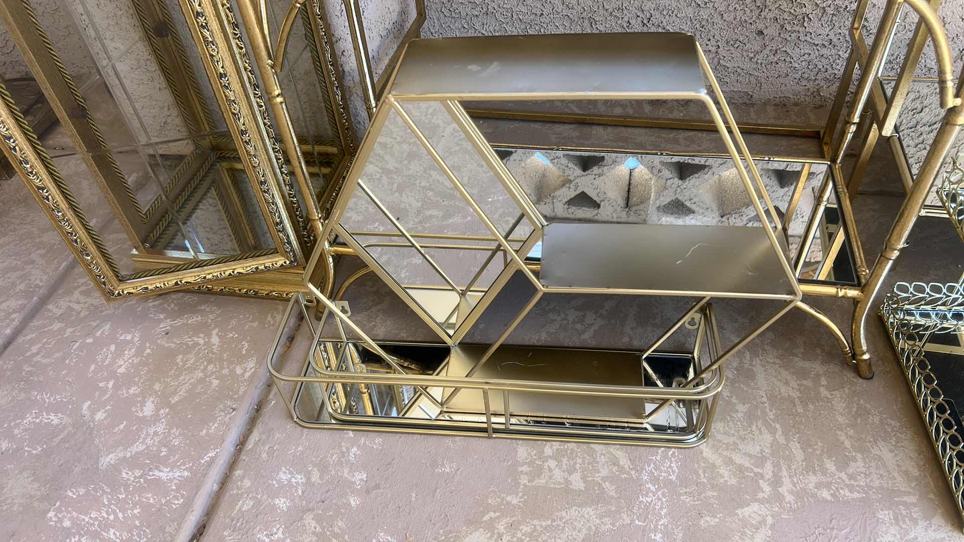 Photo 1 of GOLD TONE MIRRORED HEXAGONAL WALL SHELF H17” AND TWO MATCHING RECTANGULAR DISPLAY SHELVES
