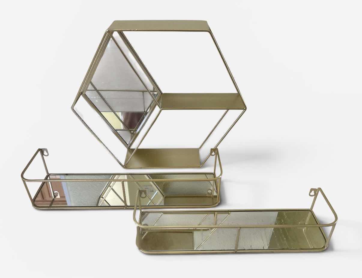Photo 1 of GOLD TONE MIRRORED HEXAGONAL WALL SHELF H17” AND TWO MATCHING RECTANGULAR DISPLAY SHELVES