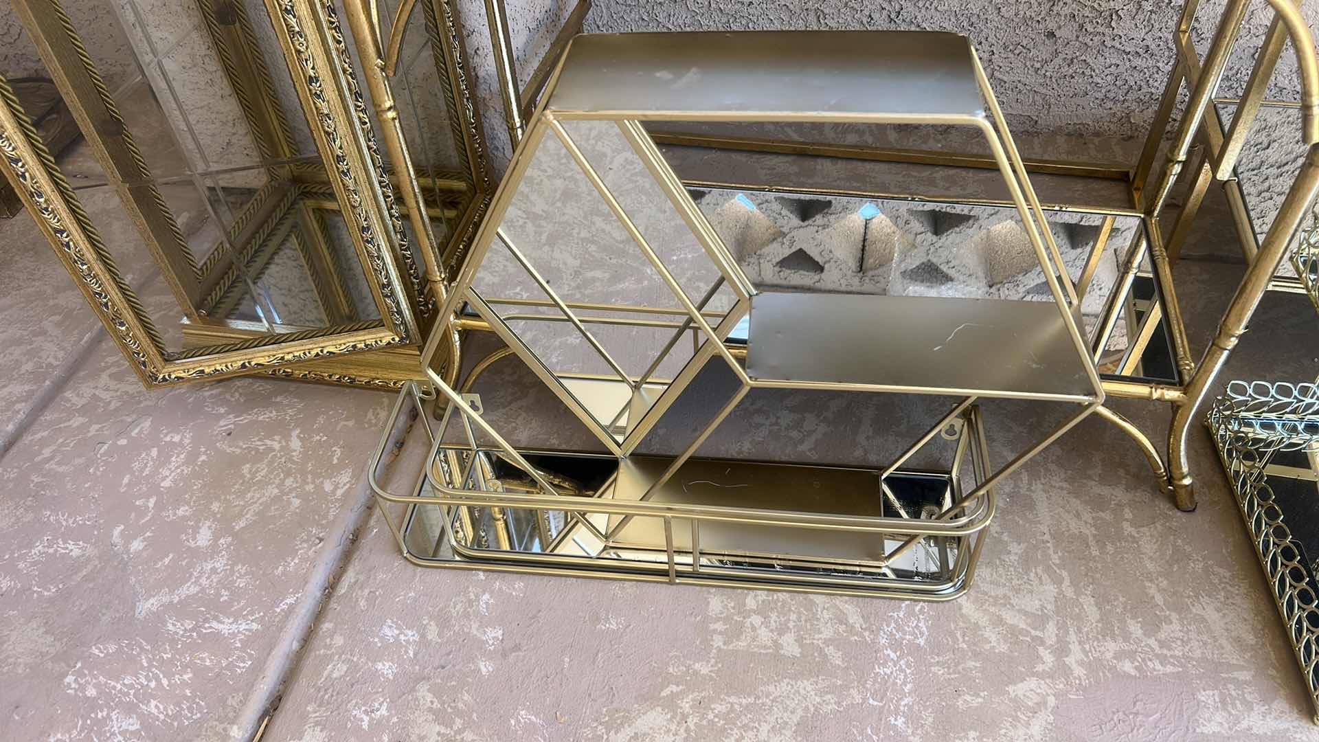 Photo 1 of GOLD TONE MIRRORED HEXAGONAL WALL SHELF H17” AND TWO MATCHING RECTANGULAR DISPLAY SHELVES