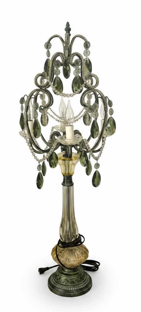 Photo 1 of VINTAGE HOLLYWOOD REGENCY STYLE CHANDELIER TABLE LAMP FEATURING GREEN TEARDROP GLASS CRYSTALS AND AN ORNATE BRASS BASE H34”.