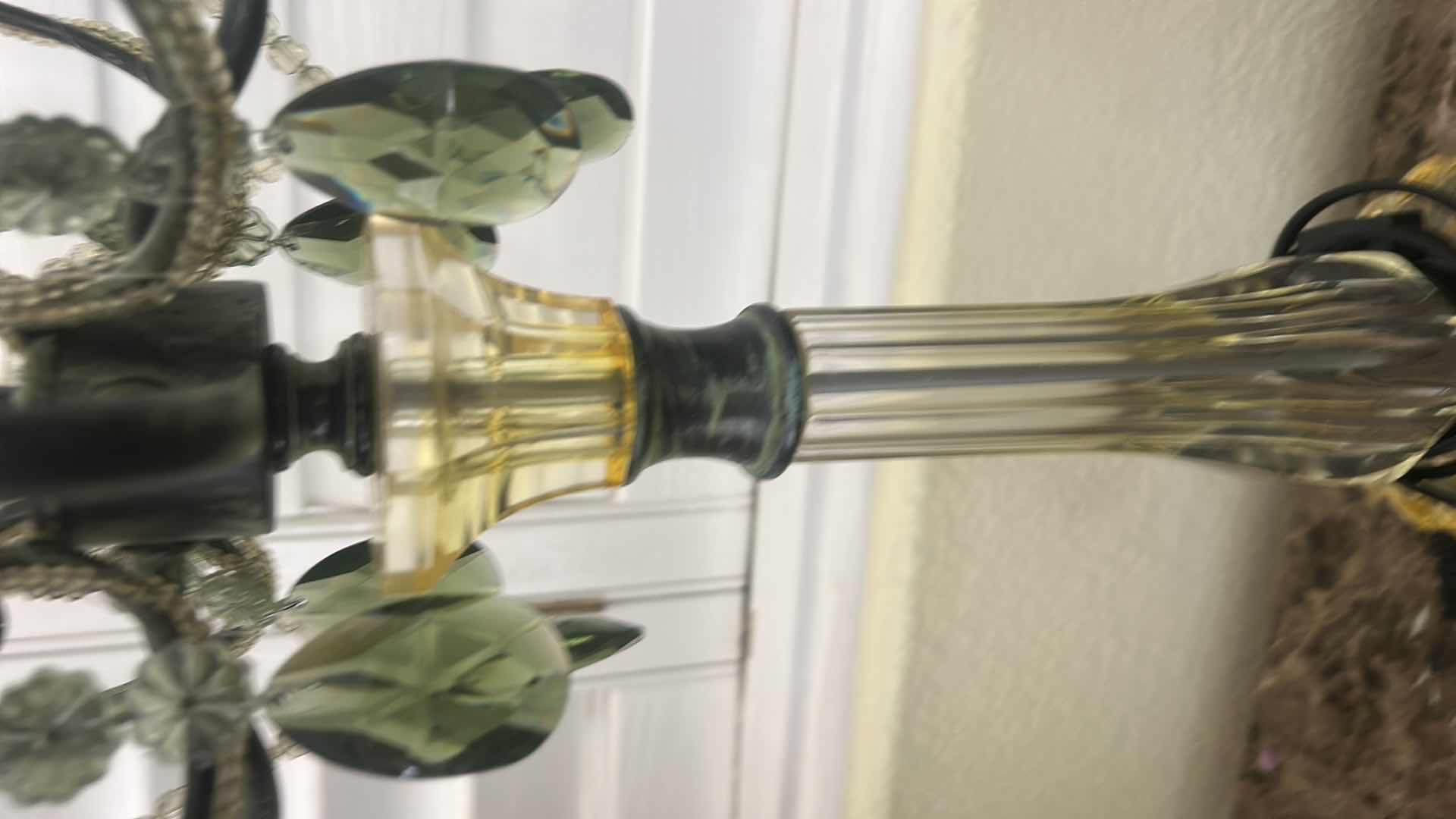 Photo 1 of VINTAGE HOLLYWOOD REGENCY STYLE CHANDELIER TABLE LAMP FEATURING GREEN TEARDROP GLASS CRYSTALS AND AN ORNATE BRASS BASE H34”.