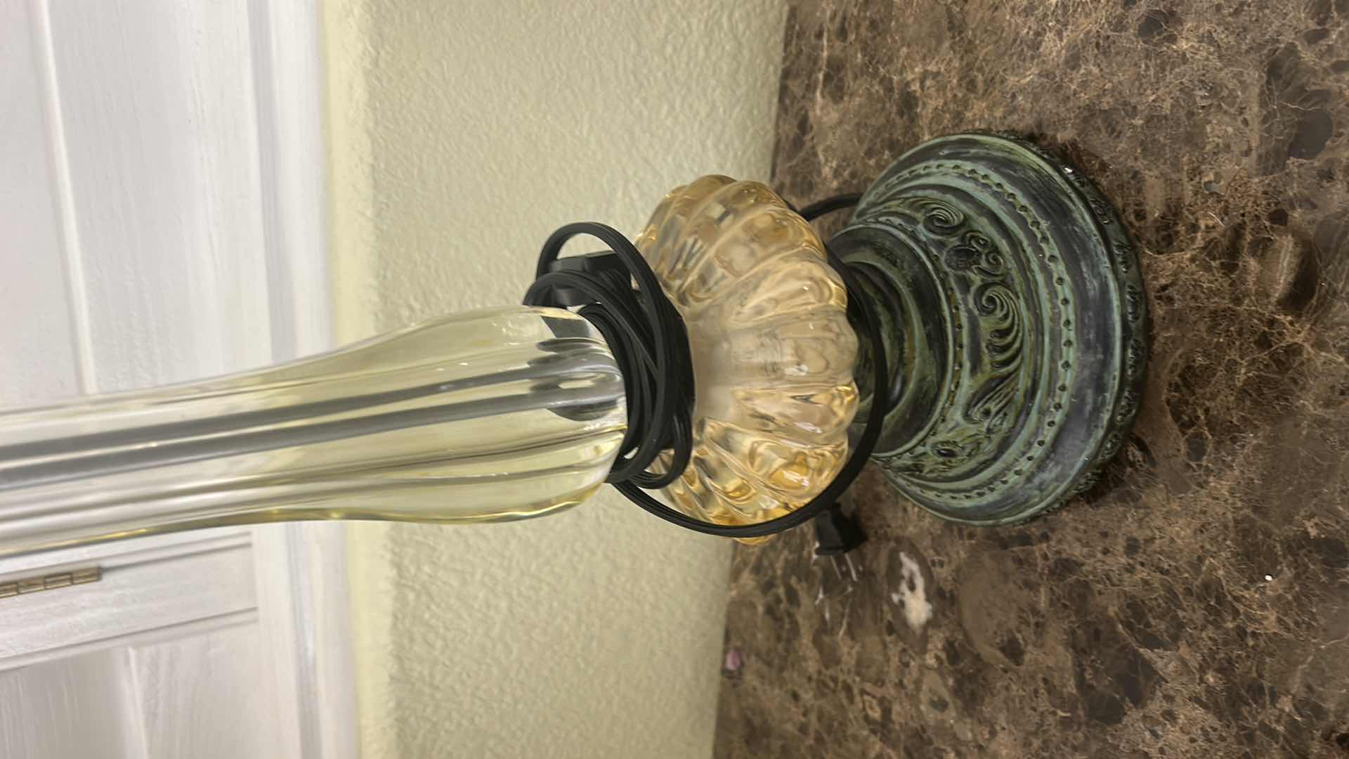 Photo 1 of VINTAGE HOLLYWOOD REGENCY STYLE CHANDELIER TABLE LAMP FEATURING GREEN TEARDROP GLASS CRYSTALS AND AN ORNATE BRASS BASE H34”.