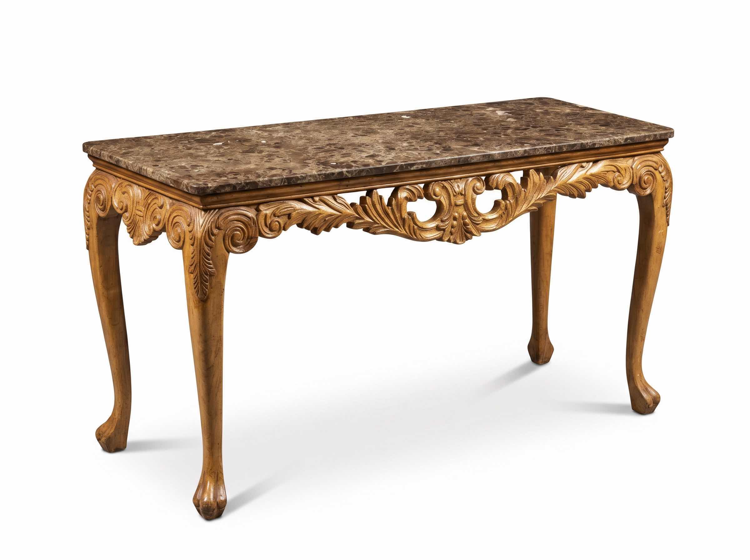 Photo 1 of LOUIS XV STYLE MARBLE TOP CENTER TABLE FEATURES A HEAVILY CARVED WOODEN BASE WITH SLENDER, SCROLLED CABRIOLE LEGS. 54“ x 21“ x H29 1/2“. $1500