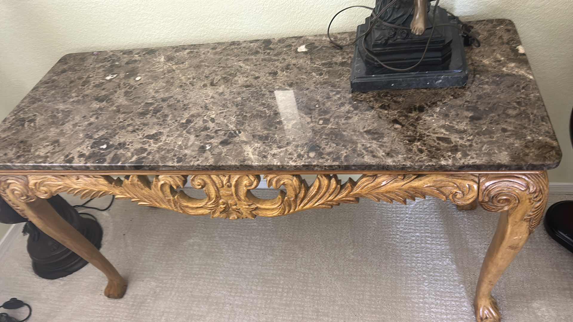 Photo 1 of LOUIS XV STYLE MARBLE TOP CENTER TABLE FEATURES A HEAVILY CARVED WOODEN BASE WITH SLENDER, SCROLLED CABRIOLE LEGS. 54“ x 21“ x H29 1/2“. $1500