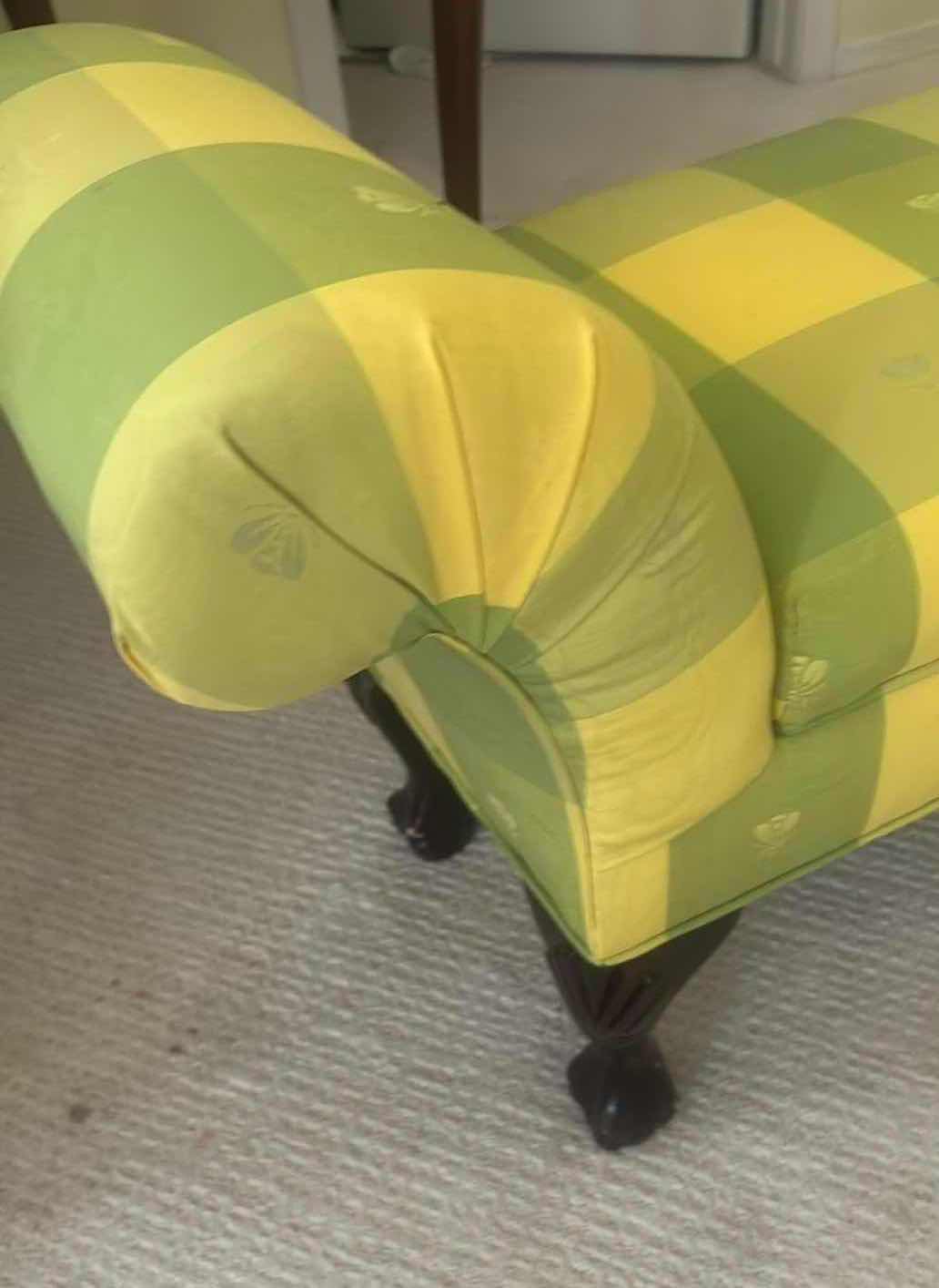 Photo 1 of QUEEN ANNE STYLE ROLLED ARM W GREEN YELLOW PLAID UPHOLSTERY & CARVED WOODEN LEGS 57" X 16" H 19" RETAIL $200