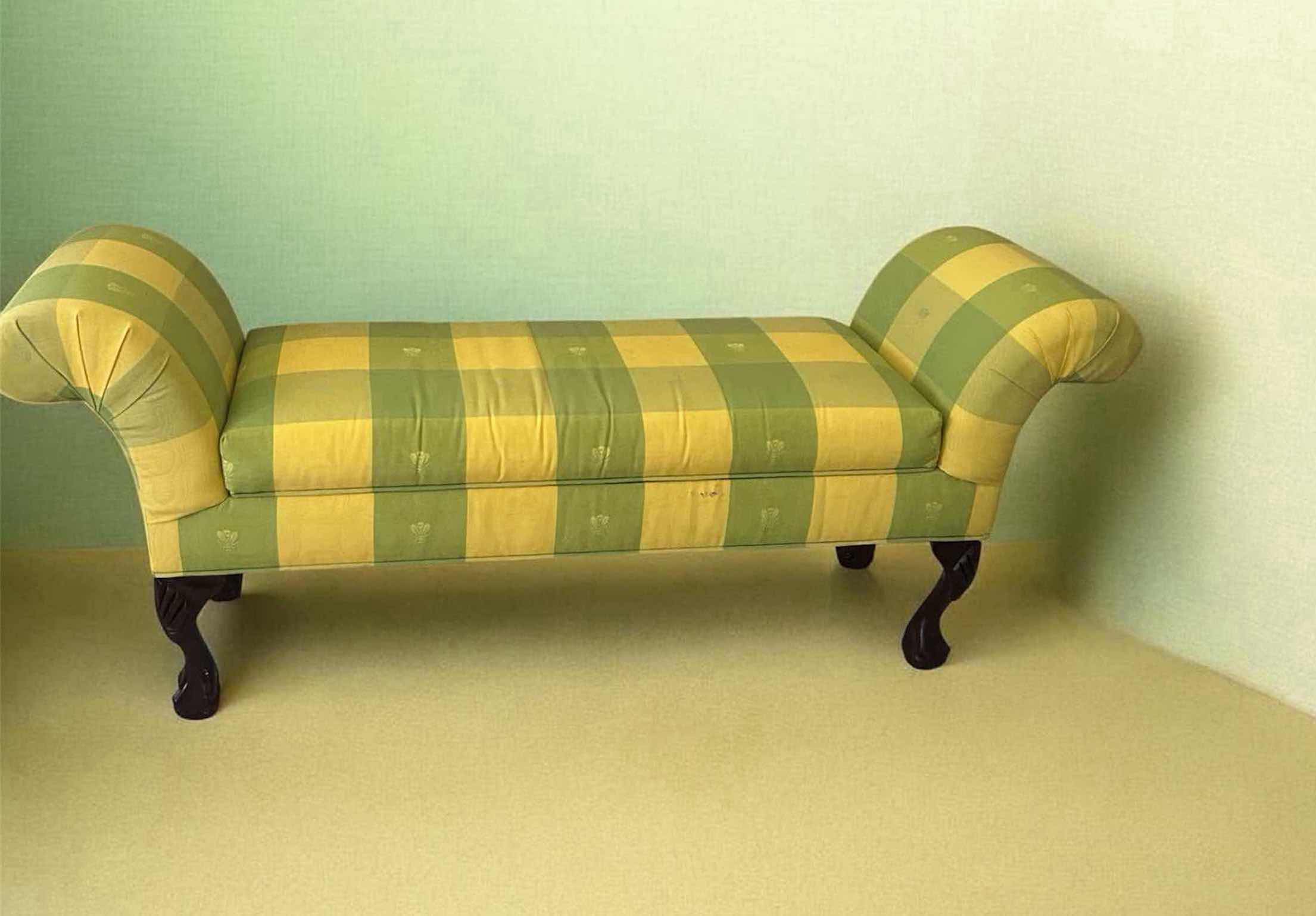Photo 1 of QUEEN ANNE STYLE ROLLED ARM W GREEN YELLOW PLAID UPHOLSTERY & CARVED WOODEN LEGS 57" X 16" H 19" RETAIL $200