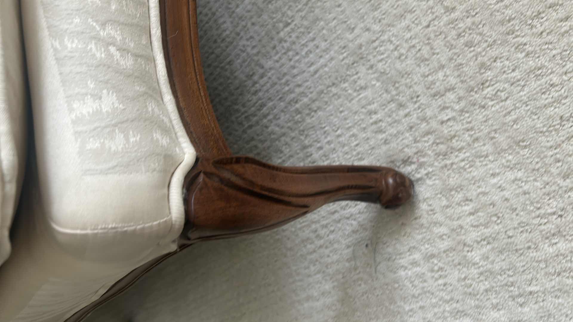 Photo 1 of CREAM COLORED VICTORIAN STYLE CHAISE LOUNGE W WOOD FRAME & DAMASK UPHOLSTERED 79" X 28"