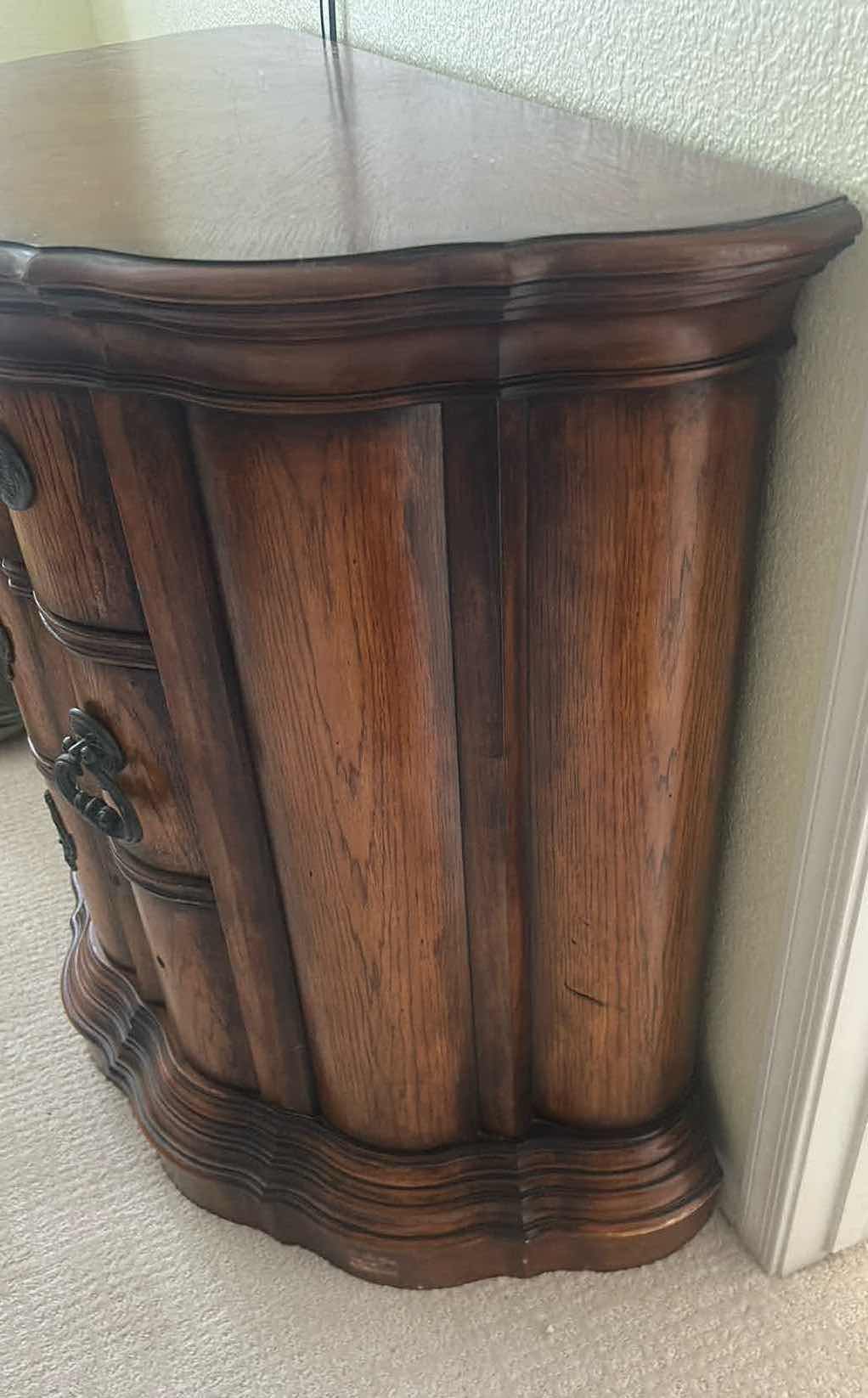 View 3 of PULASKI EDWARDIAN DEMILUNE CHEST W SCALLOPED FRONT & DARK METAL HARDWARE 40" X 20" H 35" RETAIL $700