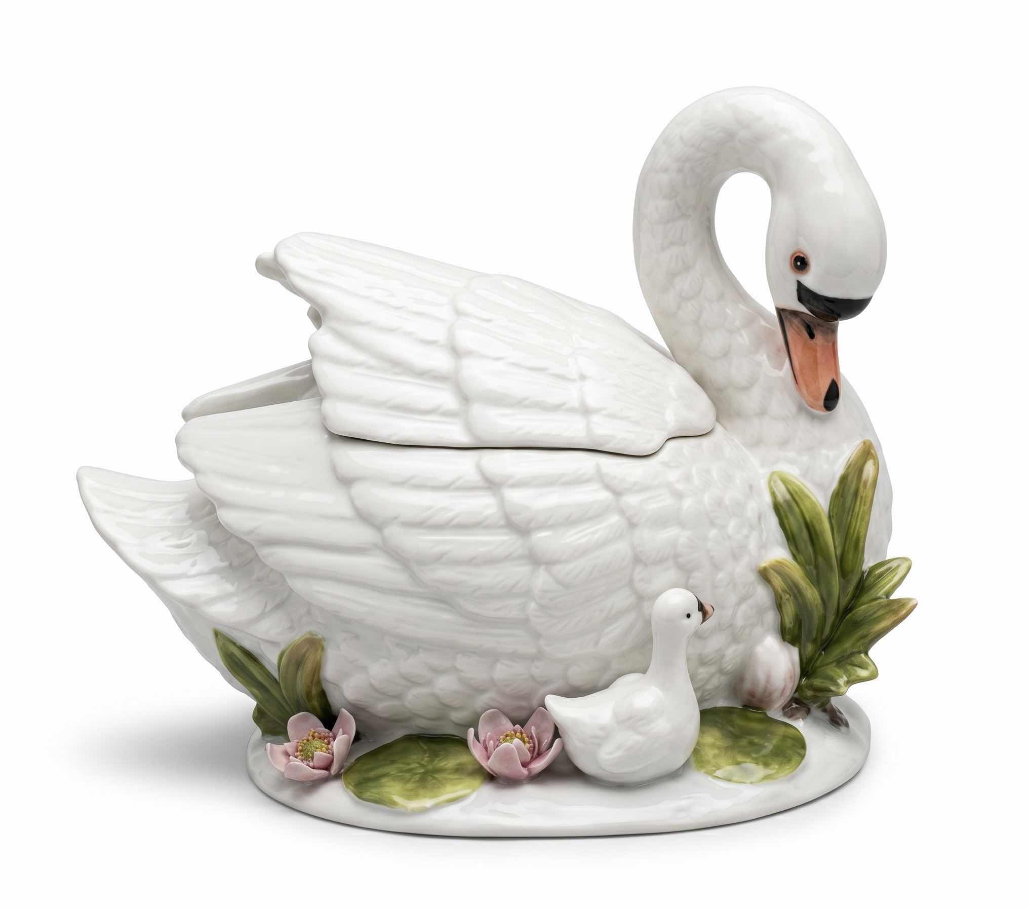 Photo 1 of PORCELAIN SWAN & LOTUS FEATURES DELICATE PINK ROSETTES. H8”