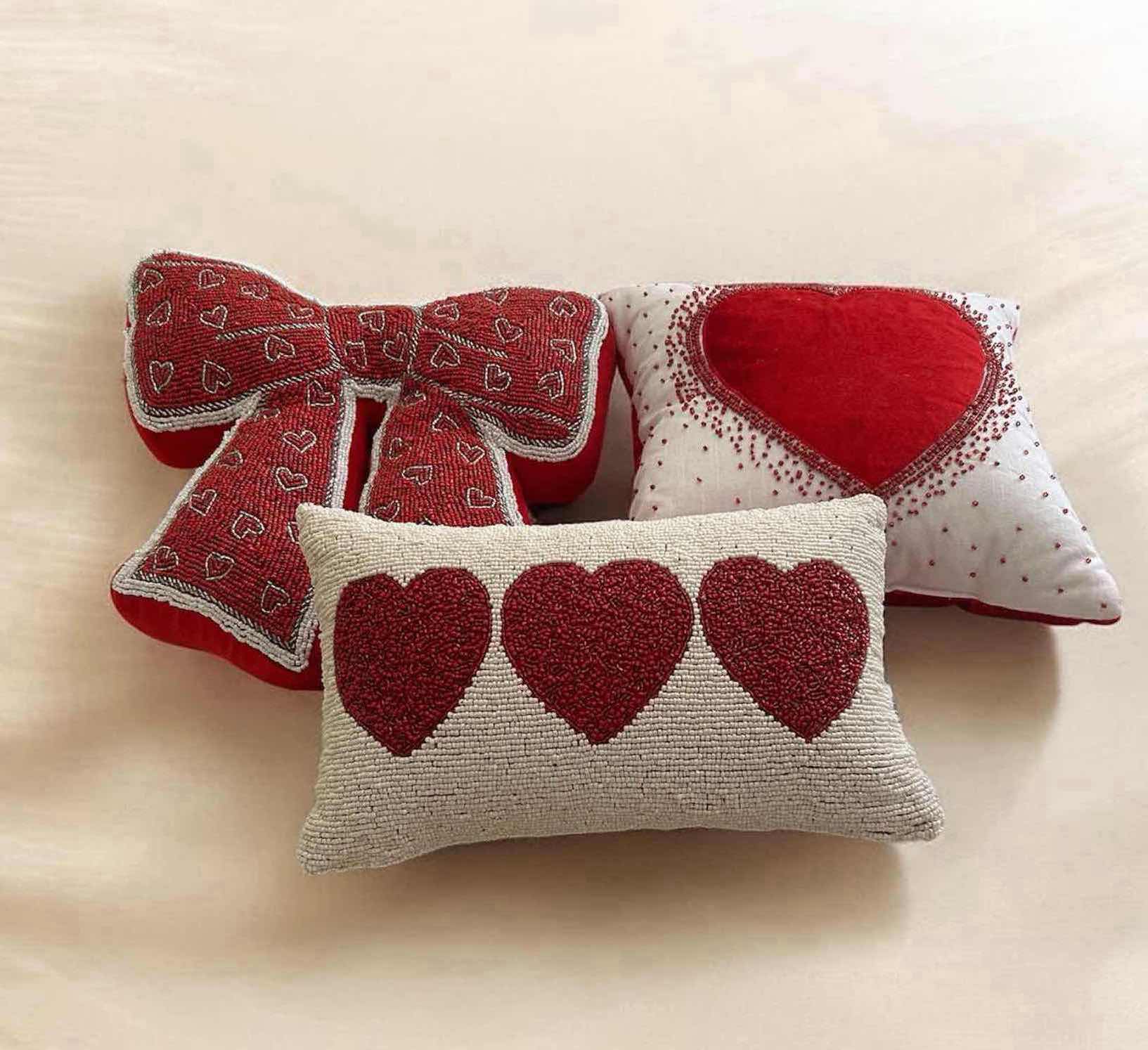 Photo 1 of 3- VALENTINE DAY DECORATIVE PILLOWS W RED EMBROIDERED HEARTS & BEADED ACCENTS 13" W