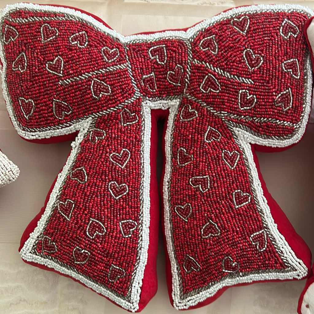 Photo 1 of 3- VALENTINE DAY DECORATIVE PILLOWS W RED EMBROIDERED HEARTS & BEADED ACCENTS 13" W