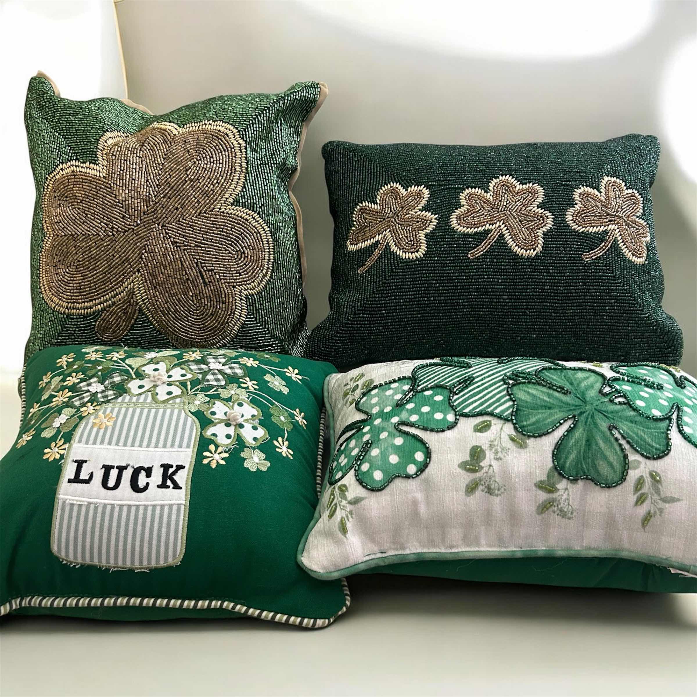 Photo 1 of 4- GREEN ST PATRICK DAY PILLOWS W INTRICATE BEADWORK & EMBROIDERED SHAMROCK DESIGN
