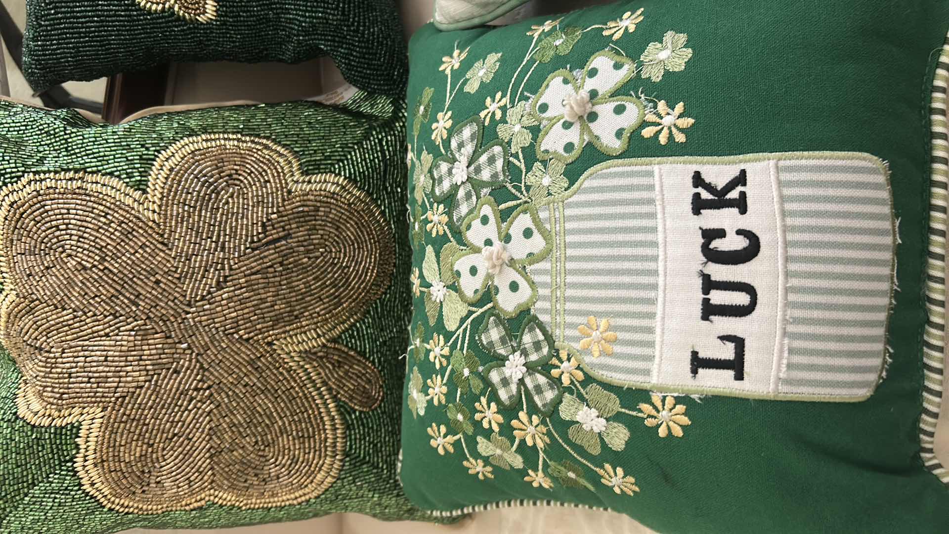 Photo 1 of 4- GREEN ST PATRICK DAY PILLOWS W INTRICATE BEADWORK & EMBROIDERED SHAMROCK DESIGN