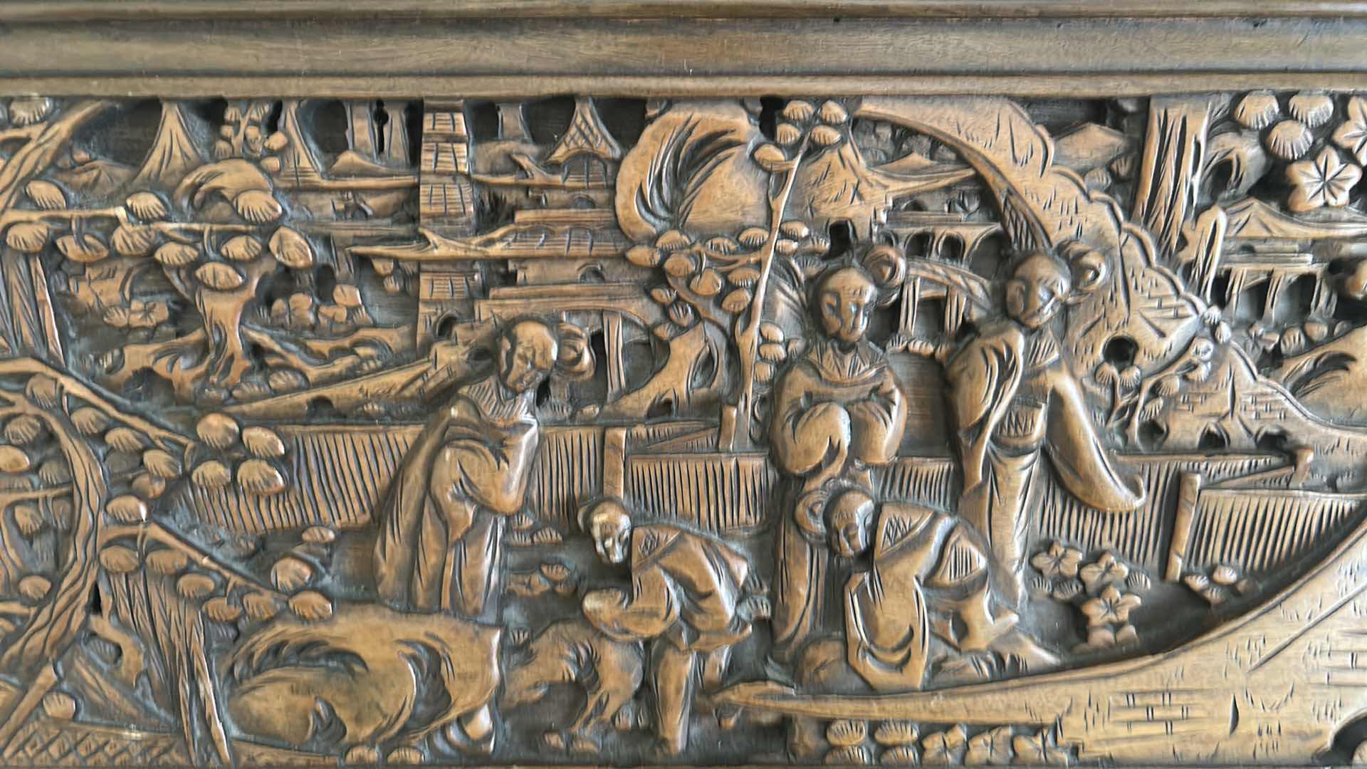 Photo 1 of VINTAGE ASIAN STYLE SECRETARY DESK W INTRICATE HAND CARVED WOOD PANELS 34" X 18" H 41" RETAIL $1300