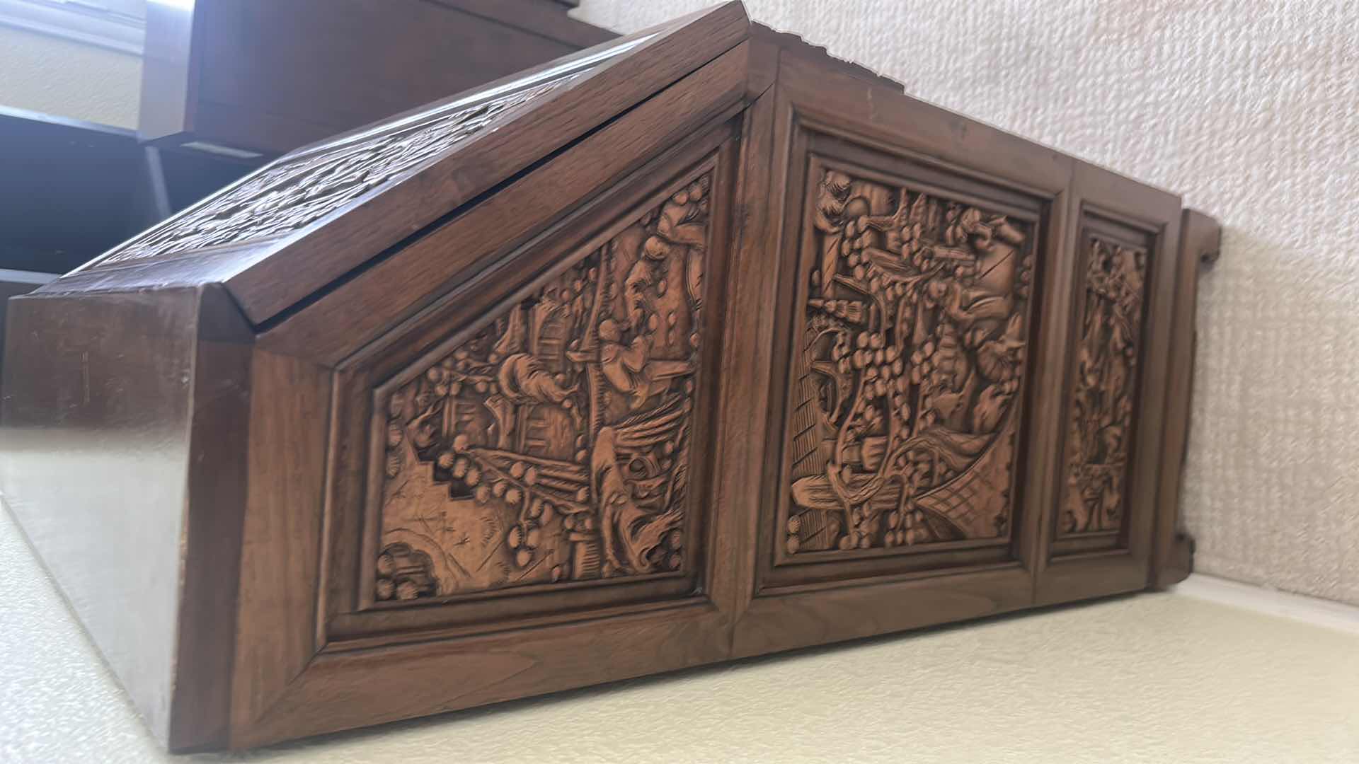 Photo 1 of VINTAGE ASIAN STYLE SECRETARY DESK W INTRICATE HAND CARVED WOOD PANELS 34" X 18" H 41" RETAIL $1300