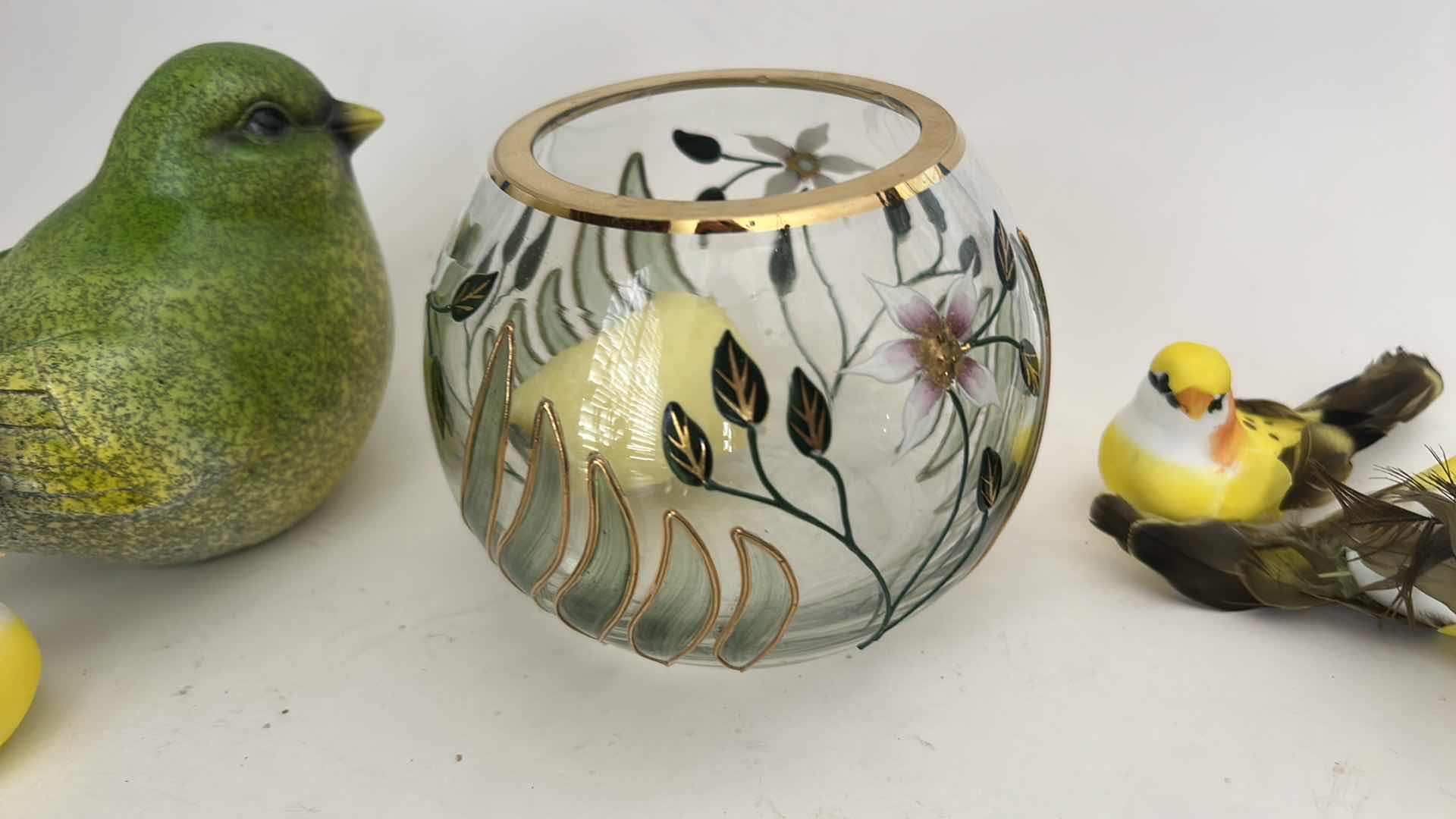 Photo 1 of CRYSTAL HAND-PAINTED ROSE BOWL VASE FEATURING PURPLE FLORAL DESIGNS AND GOLD TRIM AND BIRD FIGURES