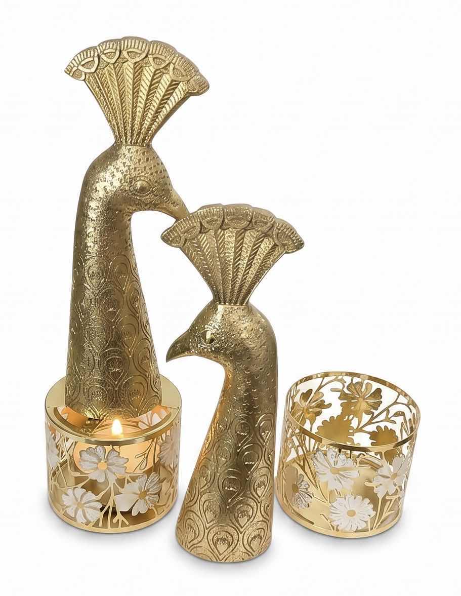 Photo 1 of 2 GOLD TONE CANDLE HOLDERS AND TWO PEACOCK HEADS H11”