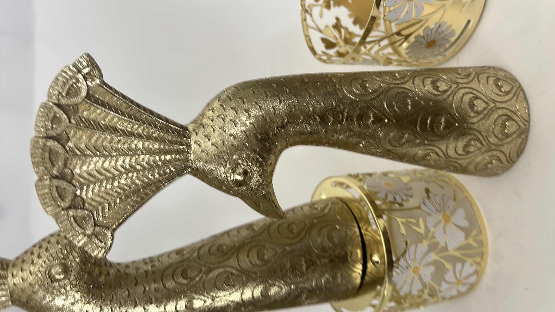 Photo 1 of 2 GOLD TONE CANDLE HOLDERS AND TWO PEACOCK HEADS H11”