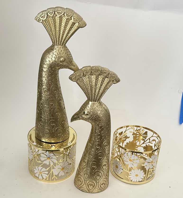Photo 1 of 2 GOLD TONE CANDLE HOLDERS AND TWO PEACOCK HEADS H11”