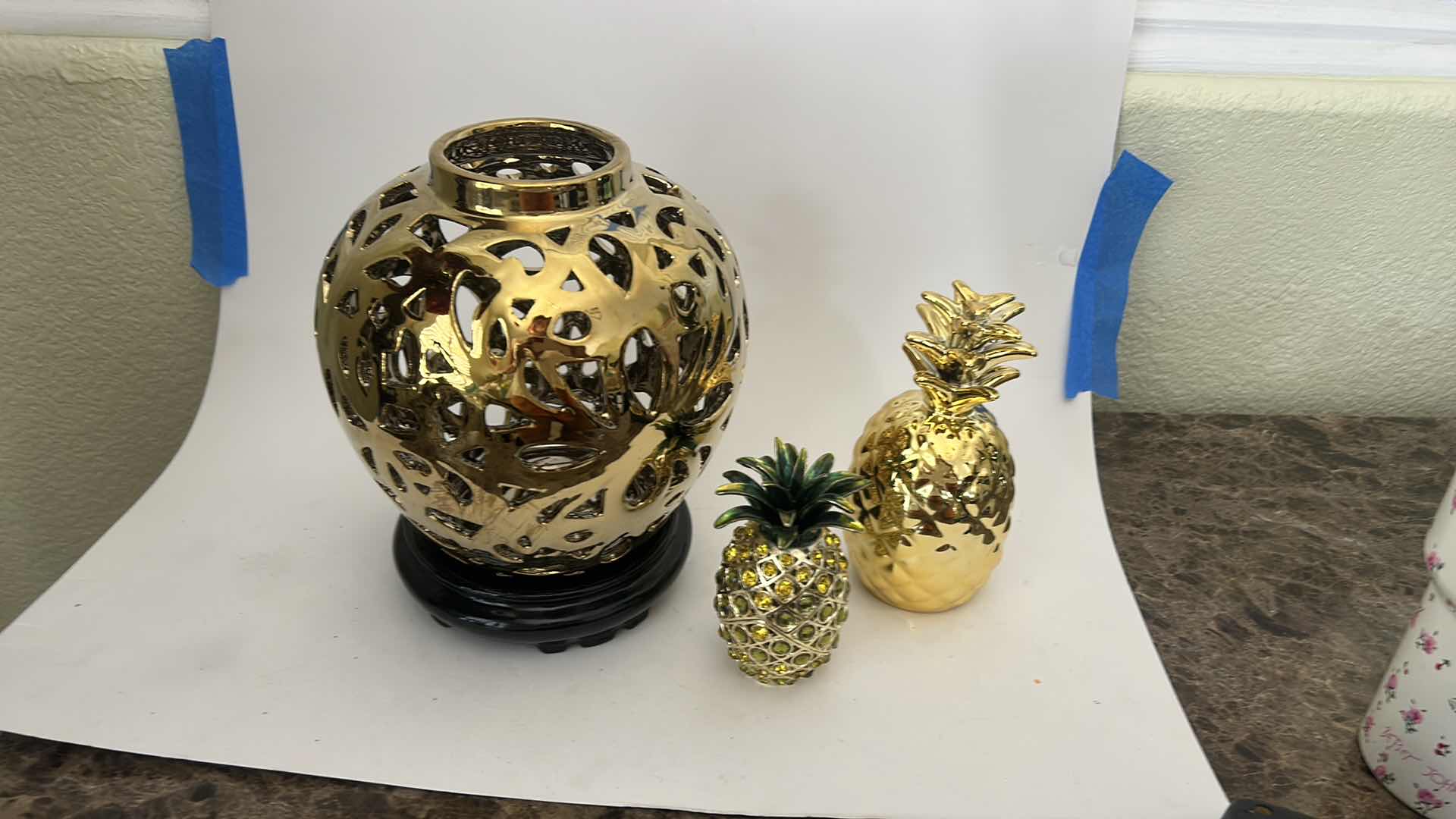 Photo 1 of 3 PC GOLD TONE HOME DECOR . PINEAPPLES AND TEMPLE JAR (TALLEST 9”)